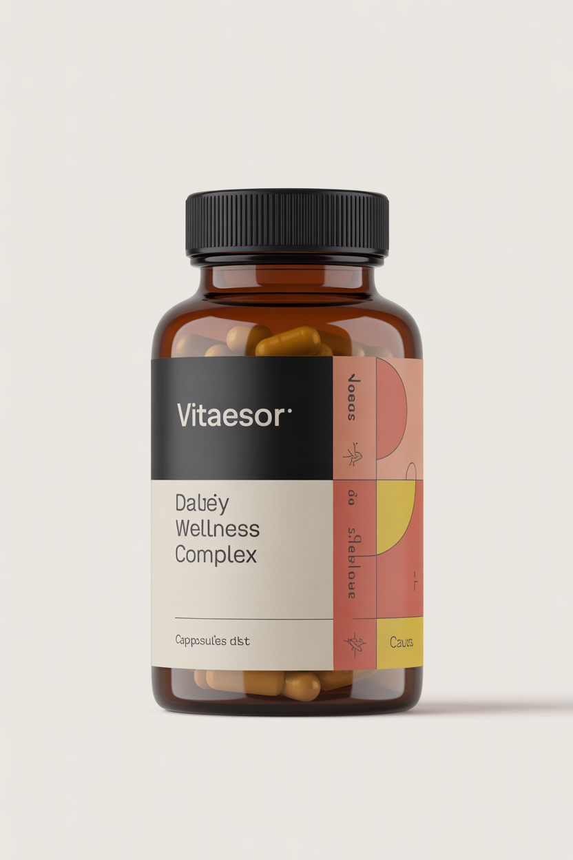 Vitaessor daily wellness complex shown as an amber glass bottle with a labelled cap